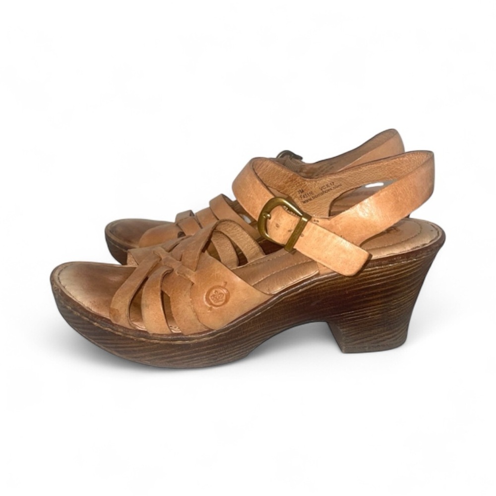 Born Tan Leather Wedge Sandals with Wood-Effect Heel